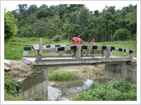 A Villager gives a finishing touch to the RCC Footbridge at Cherengpara
